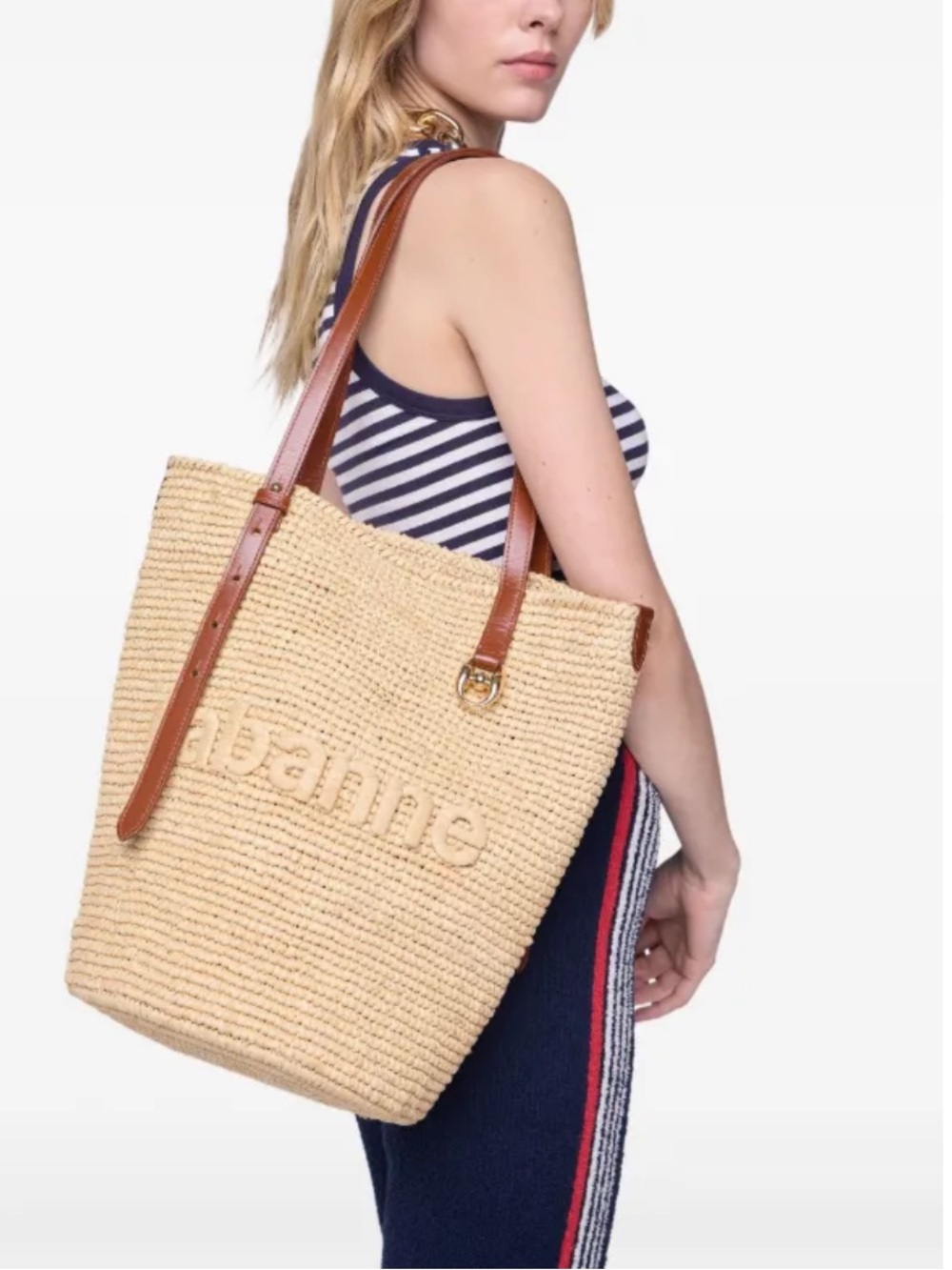 PACO RABANNE Straw Tote Bag with Brown Leather Straps - Beige